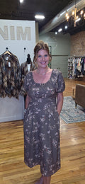 Lacy wearing the Mikarose Hills Midi Dress in Olive Manor, size small; full length view.