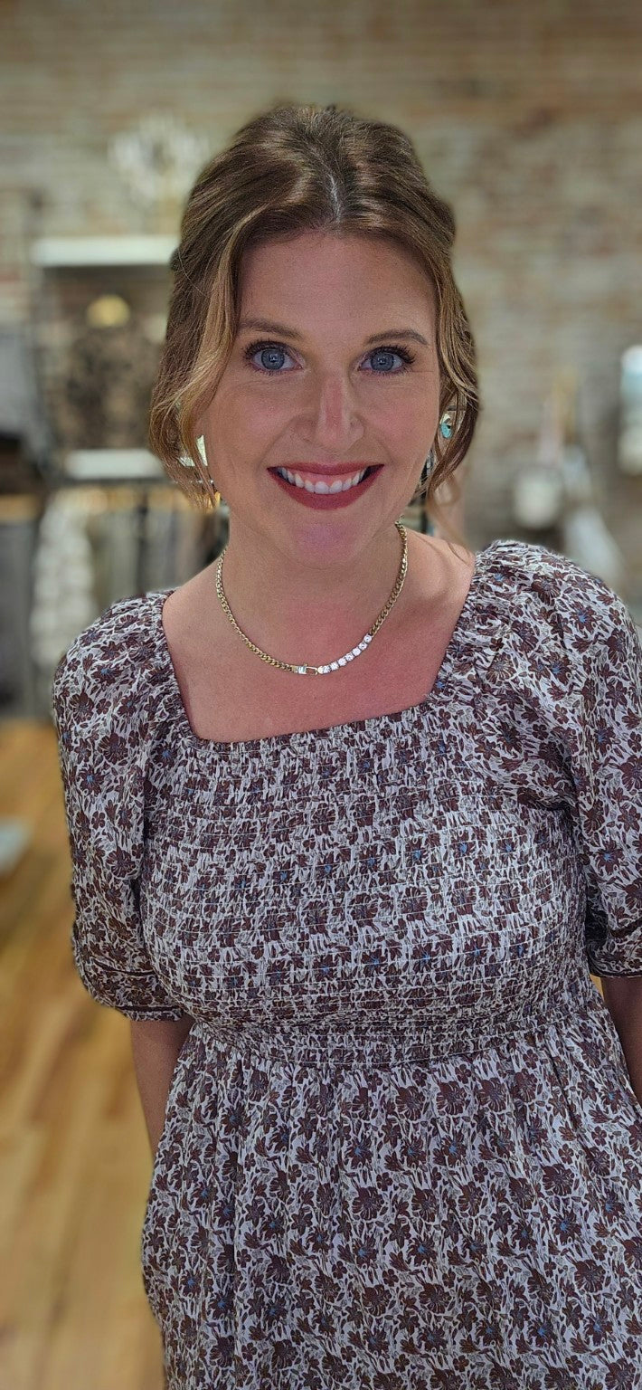 Lacy wearing the Mikarose Indigo Maxi Dress in Wilted Rose, size small; bodice detail view.