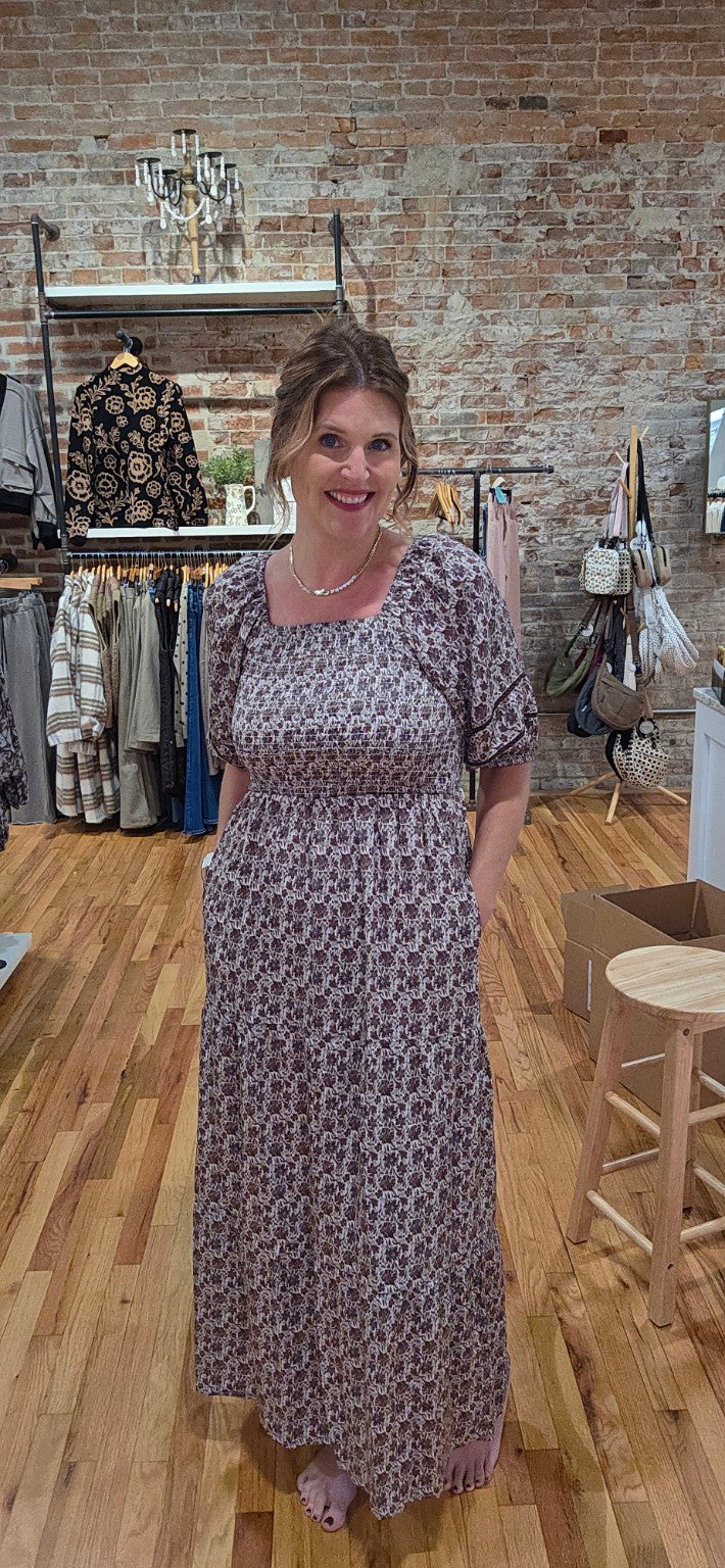 Lacy wearing the Mikarose Indigo Maxi Dress in Wilted Rose, size small; full length view.