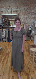 Lacy wearing the Mikarose Jayne Midi Dress in Classic Dot, size small; full length view.