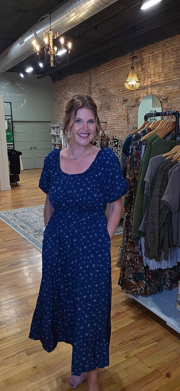 Lacy wearing the Mikarose Twila Midi Dress in Kitchen Blue, size small; full length view.