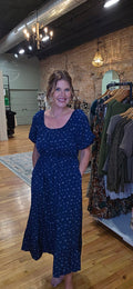 Lacy wearing the Mikarose Twila Midi Dress in Kitchen Blue, size small; full length view.