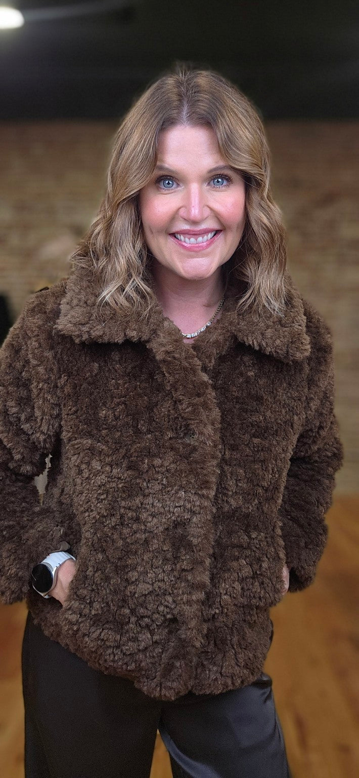 Lacy wearing the Minky Brown Faux Shearling Jacket at Willowmere