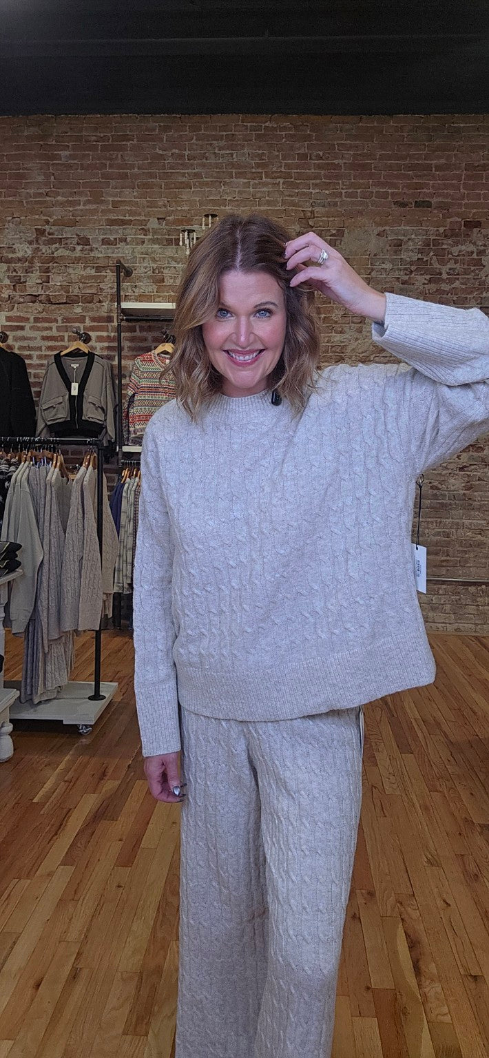 Lacy wearing the Sunday Soft Sweater and matching wide leg pants